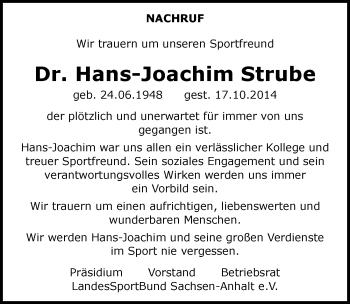 Traueranzeige von Hans-Joachim Strube von Mitteldeutsche Zeitung Halle/Saalkreis