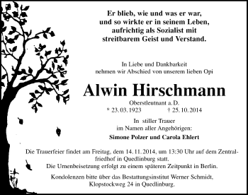 Traueranzeige von Alwin Hirschmann von Mitteldeutsche Zeitung Quedlinburg