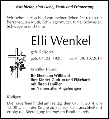 Traueranzeige von Elli Wenkel von Mitteldeutsche Zeitung Naumburg/Nebra