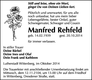 Traueranzeige von Manfred Rehfeld von Mitteldeutsche Zeitung Wittenberg