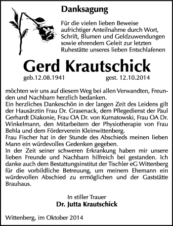 Traueranzeige von Gerd Krautschick von Mitteldeutsche Zeitung Wittenberg