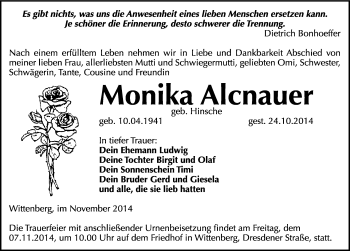Traueranzeige von Monika Alcnauer von Mitteldeutsche Zeitung Wittenberg