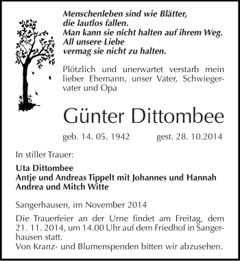 Traueranzeige von Günter Dittombee von Mitteldeutsche Zeitung Sangerhausen