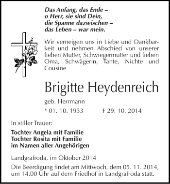Traueranzeige von Brigitte Heydenreich von Mitteldeutsche Zeitung Merseburg/Querfurt