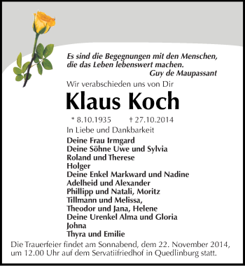 Traueranzeige von Klaus Koch von Mitteldeutsche Zeitung Quedlinburg