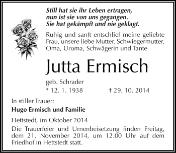Traueranzeige von Jutta Ermisch von Mitteldeutsche Zeitung Mansfelder Land