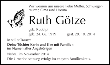 Traueranzeige von Ruth Götze von Mitteldeutsche Zeitung Naumburg/Nebra