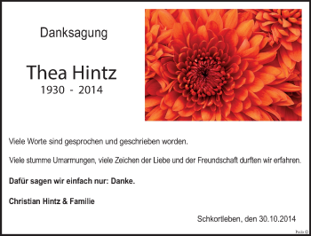 Traueranzeige von Thea Hintz von Mitteldeutsche Zeitung Weißenfels