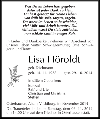 Traueranzeige von Lisa Höroldt von Mitteldeutsche Zeitung Mansfelder Land