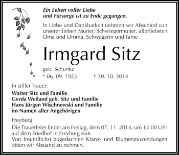 Traueranzeige von Irmgard Sitz von Mitteldeutsche Zeitung Naumburg/Nebra