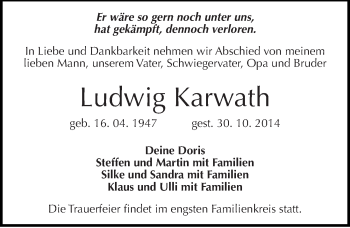 Traueranzeige von Ludwig Karwath von Mitteldeutsche Zeitung Naumburg/Nebra
