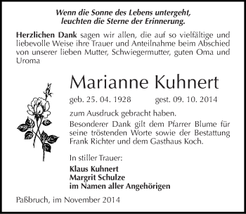 Traueranzeige von Marianne Kuhnert von Mitteldeutsche Zeitung Sangerhausen