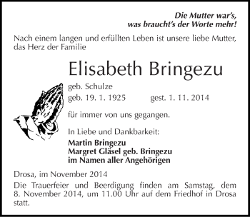 Traueranzeige von Elisabeth Bringezu von Mitteldeutsche Zeitung Köthen