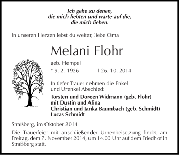 Traueranzeige von Melani Flohr von Mitteldeutsche Zeitung Quedlinburg