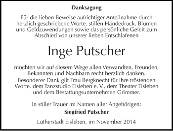 Traueranzeige von Inge Putscher von Mitteldeutsche Zeitung Mansfelder Land