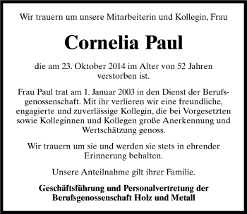 Traueranzeige von Cornelia Paul von Mitteldeutsche Zeitung Bitterfeld