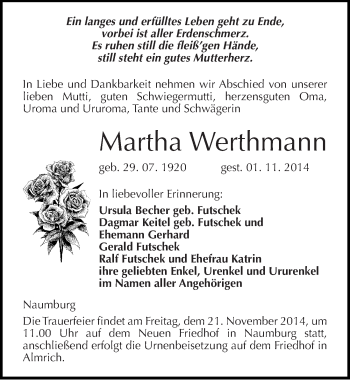 Traueranzeige von Martha Werthmann von Mitteldeutsche Zeitung Naumburg/Nebra