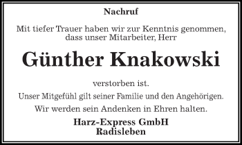 Traueranzeige von Günther Knakowski von Mitteldeutsche Zeitung Quedlinburg