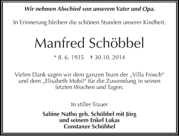 Traueranzeige von Manfred Schöbbel von Mitteldeutsche Zeitung Halle/Saalkreis