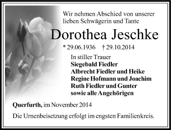 Traueranzeige von Dorothea Jeschke von Mitteldeutsche Zeitung Merseburg/Querfurt