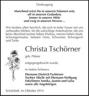 Traueranzeige von Christa Tschörner von Mitteldeutsche Zeitung