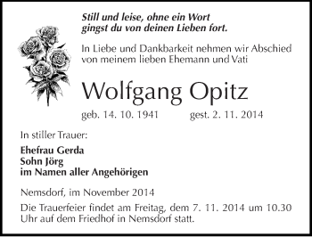 Traueranzeige von Wolfgang Opitz von Mitteldeutsche Zeitung Merseburg/Querfurt