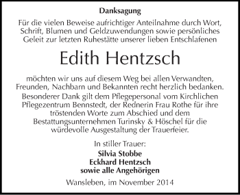 Traueranzeige von Edith Hentzsch von Mitteldeutsche Zeitung Mansfelder Land