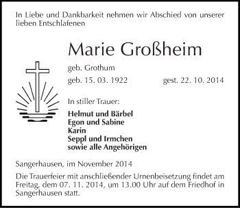 Traueranzeige von Marie Großheim von Mitteldeutsche Zeitung Sangerhausen