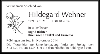 Traueranzeige von Hildegard Wehner von Mitteldeutsche Zeitung Mansfelder Land