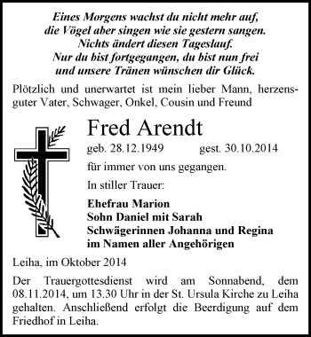 Traueranzeige von Fred Arendt von Mitteldeutsche Zeitung Merseburg/Querfurt
