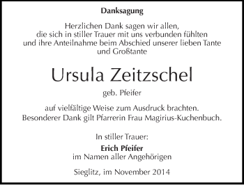 Traueranzeige von Ursula Zeitzschel von Mitteldeutsche Zeitung Naumburg/Nebra
