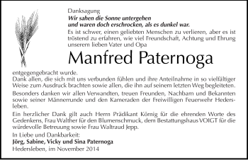 Traueranzeige von Manfred Paternoga von Mitteldeutsche Zeitung Mansfelder Land
