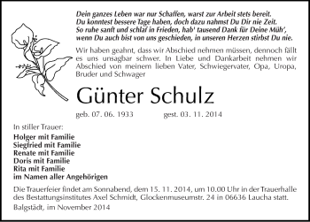 Traueranzeige von Günter Schulz von Mitteldeutsche Zeitung Naumburg/Nebra