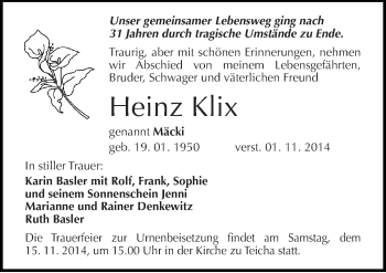 Traueranzeige von Heinz Klix von Mitteldeutsche Zeitung Halle/Saalkreis