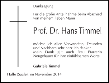 Traueranzeige von Hans Timmel von Mitteldeutsche Zeitung Halle/Saalkreis