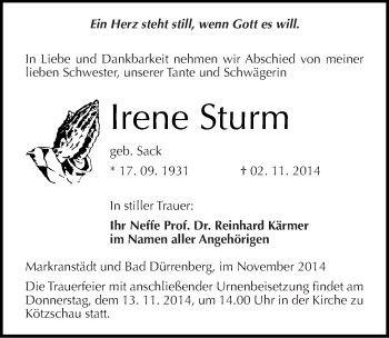 Traueranzeige von Irene Sturm von Mitteldeutsche Zeitung