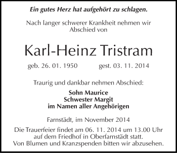 Traueranzeige von Karl-Heinz Tristram von Mitteldeutsche Zeitung Merseburg/Querfurt