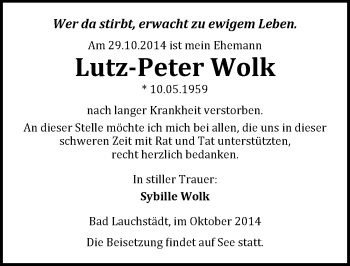 Traueranzeige von Lutz-Peter Wolk von Mitteldeutsche Zeitung Merseburg/Querfurt
