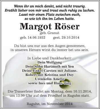 Traueranzeige von Margot Röser von Mitteldeutsche Zeitung Bitterfeld