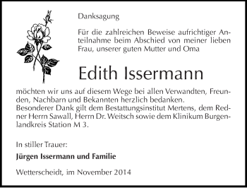 Traueranzeige von Edith Issermann von Mitteldeutsche Zeitung Naumburg/Nebra