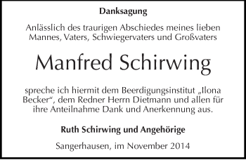 Traueranzeige von Manfred Schirwing von Mitteldeutsche Zeitung Sangerhausen
