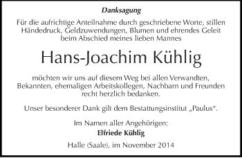 Traueranzeige von Hans-Joachim Kühlig von Mitteldeutsche Zeitung Halle/Saalkreis
