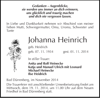 Traueranzeige von Johanna Heinrich von Mitteldeutsche Zeitung