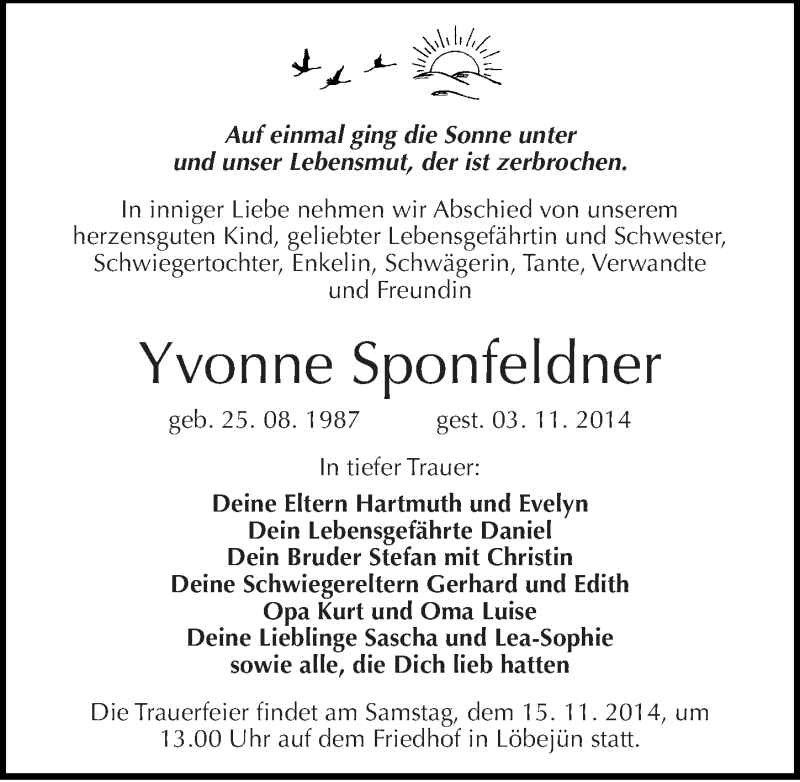  Traueranzeige für Yvonne Sponfeldner vom 08.11.2014 aus Mitteldeutsche Zeitung Halle/Saalkreis