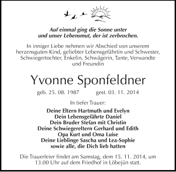 Traueranzeige von Yvonne Sponfeldner von Mitteldeutsche Zeitung Halle/Saalkreis
