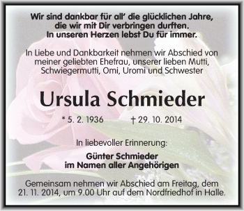 Traueranzeige von Ursula Schmieder von Mitteldeutsche Zeitung Halle/Saalkreis