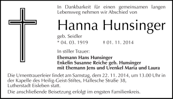 Traueranzeige von Hanna Hunsinger von Mitteldeutsche Zeitung Mansfelder Land