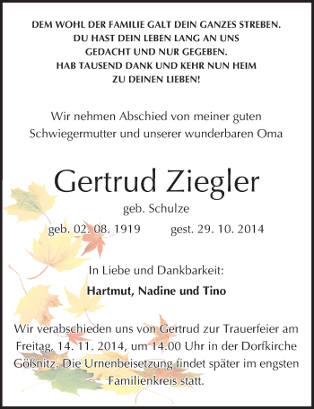 Traueranzeige von Gertrud Ziegler von Mitteldeutsche Zeitung Naumburg/Nebra