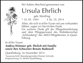 Traueranzeige von Ursula Ehrlich von Mitteldeutsche Zeitung Quedlinburg