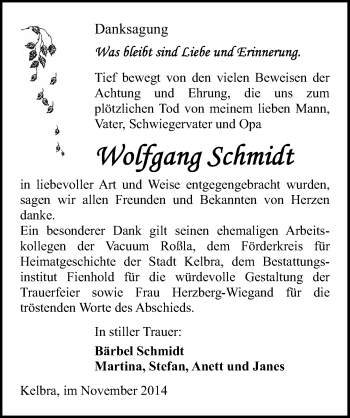Traueranzeige von Wolfgang Schmidt von Mitteldeutsche Zeitung Sangerhausen